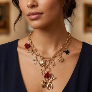 Gold-Tone Multi-Charm Necklace with Red Rose Accents